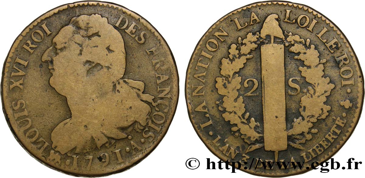 LOUIS XVI (MONARQUE CONSTITUTIONNEL)  2 sols dit  au faisceau , type FRANÇOIS 1791 Paris TB