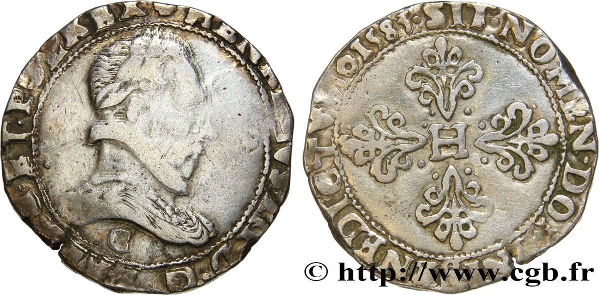 HENRY III Franc au col plat 1583 Saint-Lô VF/VF