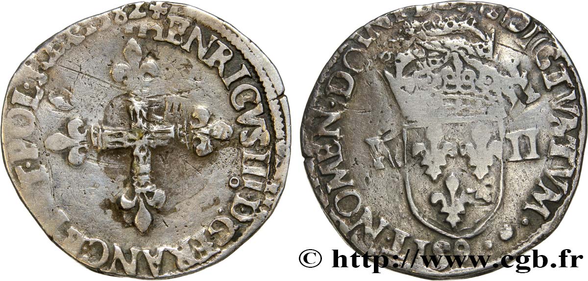 HENRI III Quart d écu, croix de face 1582 Rennes TB+