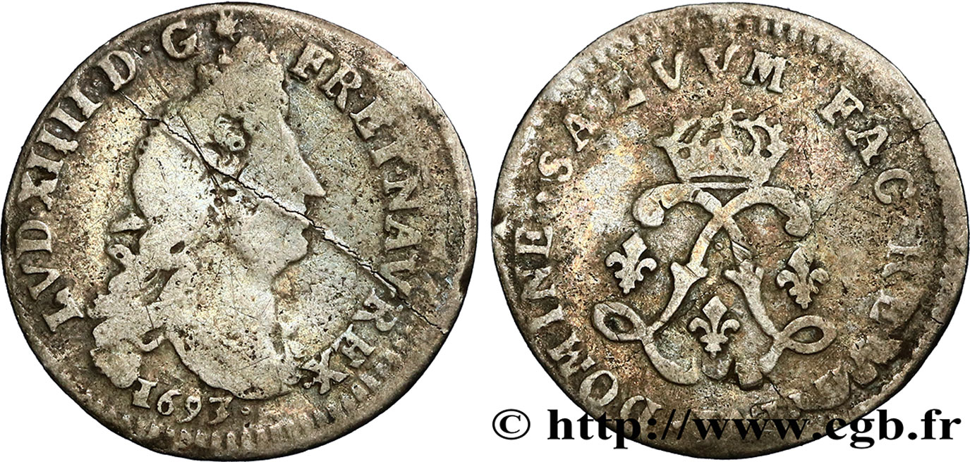LOUIS XIV LE GRAND OU LE ROI SOLEIL Quatre sols aux deux L 1693 Lyon B+