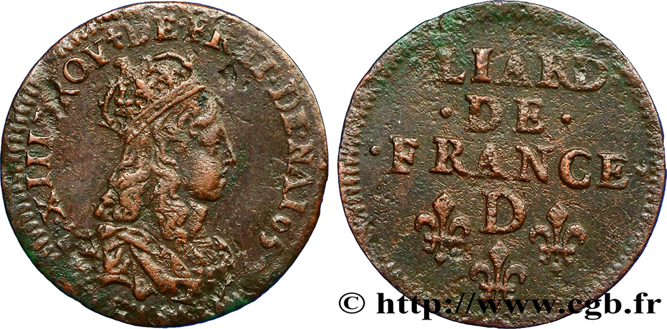 LOUIS XIV LE GRAND OU LE ROI SOLEIL Liard de cuivre, 2e type 1657 Vimy-en-Lyonnais (actuellement Neuville-sur-Saône) TTB/TB+