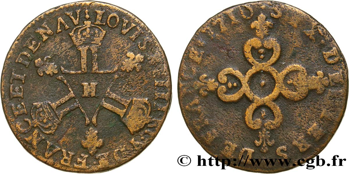 LOUIS XIV  THE SUN KING  Six deniers dits  Dardennes  1710 La Rochelle q.BB/MB