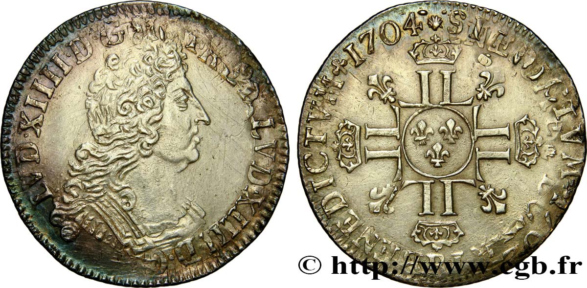 LOUIS XIV  THE SUN KING  Quart d écu aux huit L, 2e type 1704  Rouen EBC