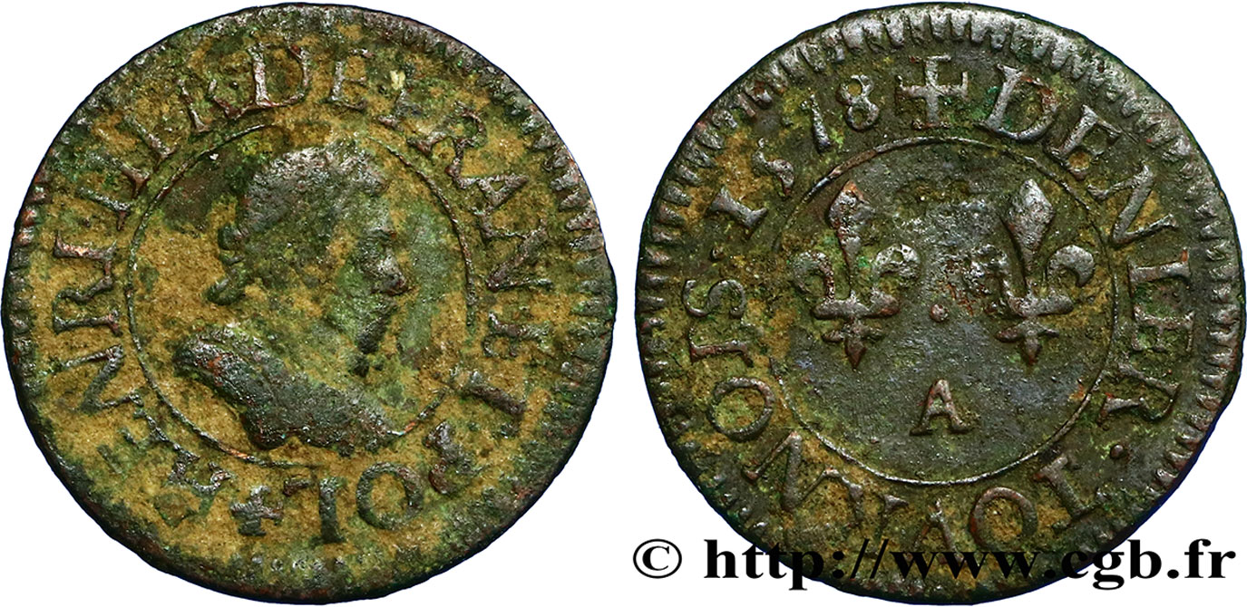 HENRI III Denier tournois, 1er type de Paris 1578 Paris TB/TB+