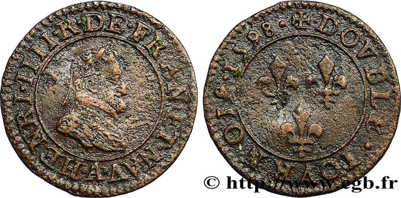 HENRI IV LE GRAND Double tournois, 1er type de Paris (légende française) 1598 Paris, Moulin des Étuves TB+