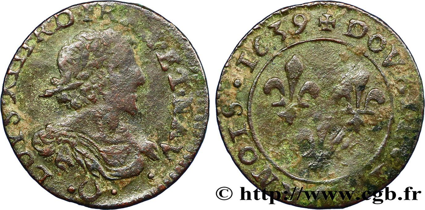 LOUIS XIII LE JUSTE Double tournois au grand buste viril drapé 1639 Vallée du Rhône TB