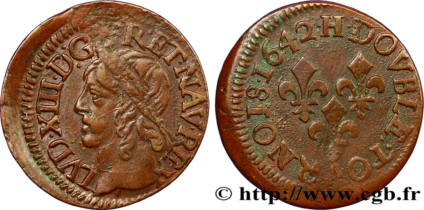 LOUIS XIII LE JUSTE Double tournois, type de Warin 1642 La Rochelle TB+