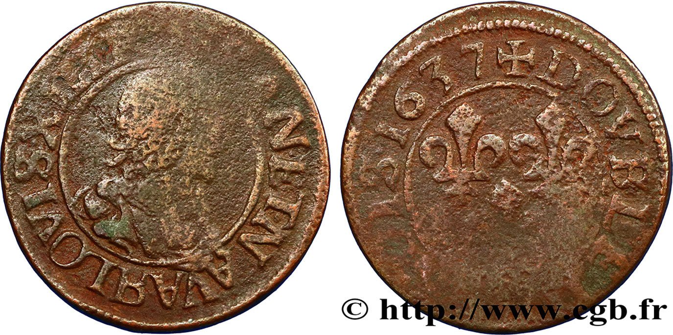 LOUIS XIII LE JUSTE Double tournois, type 9 de Villeneuve 1637 Saint-André de Villeneuve-lès-Avignon TB