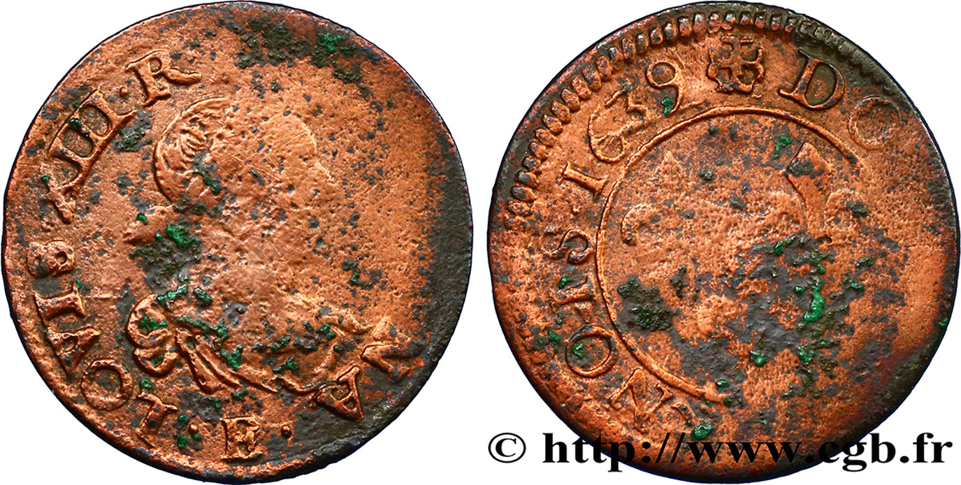 LOUIS XIII LE JUSTE Double tournois, 19e type 1639 Tours B+