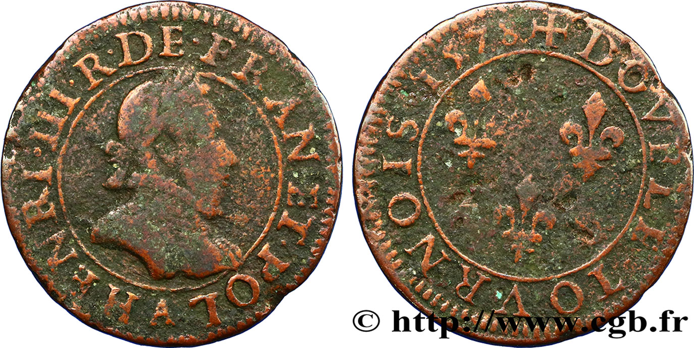 HENRI III Double tournois, 1er type de Paris 1578 Paris, Moulin des Étuves TB