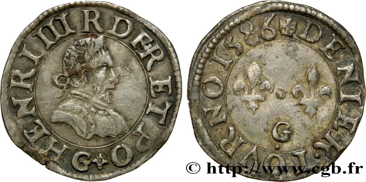 HENRI III Denier tournois, type de Poitiers, argent 1586 Poitiers TTB