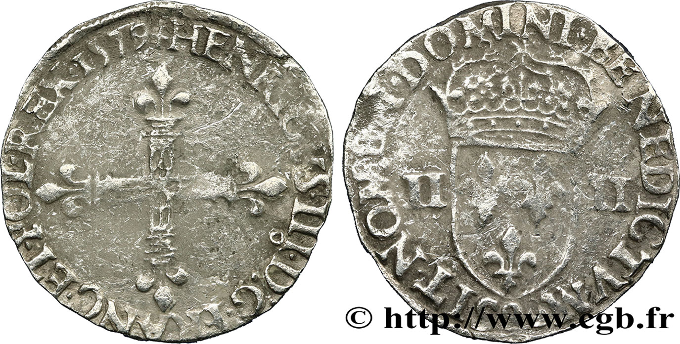 HENRI III Quart d écu, croix de face 1579 Rennes TB+