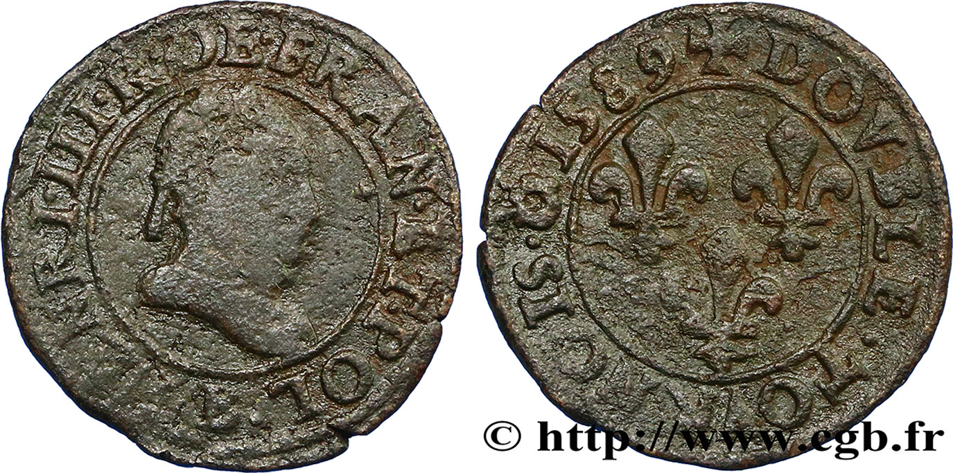 HENRI III Double tournois, type de Rouen 1589 Rouen TB/TTB