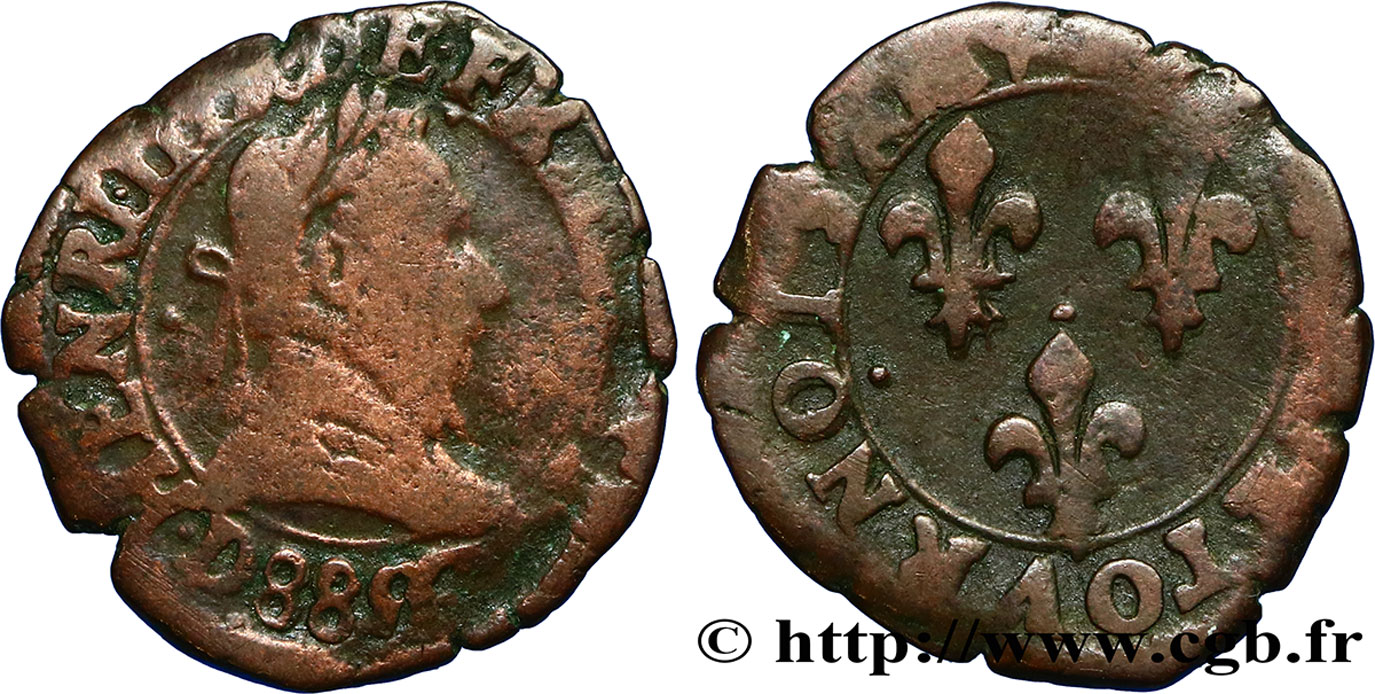 HENRY III Double tournois, 2e type 1588 Lyon BC