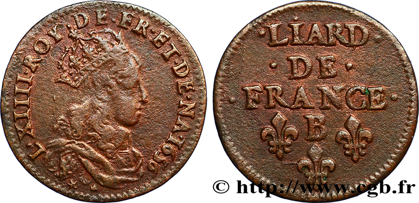 LOUIS XIV LE GRAND OU LE ROI SOLEIL Liard de cuivre, 2e type 1656 Pont-de-l’Arche TTB