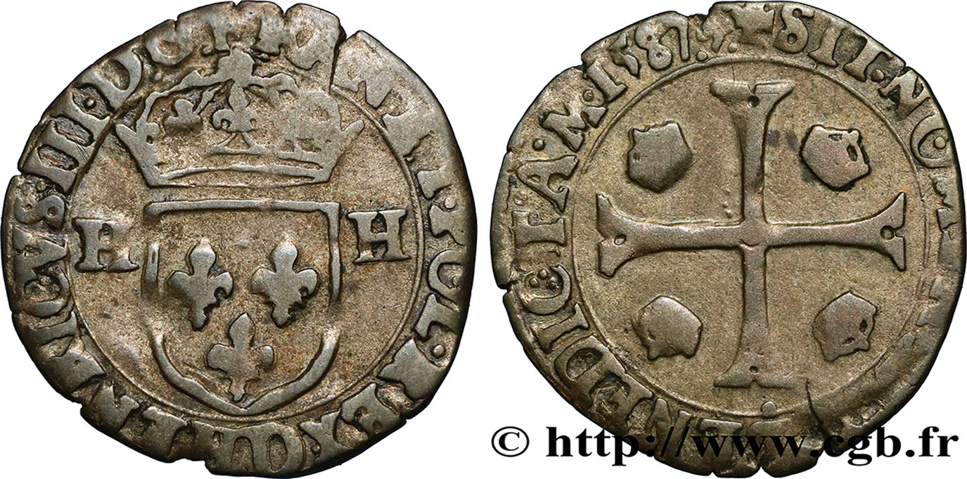 HENRI III Douzain aux deux H, 1er type 1587 Lyon TB