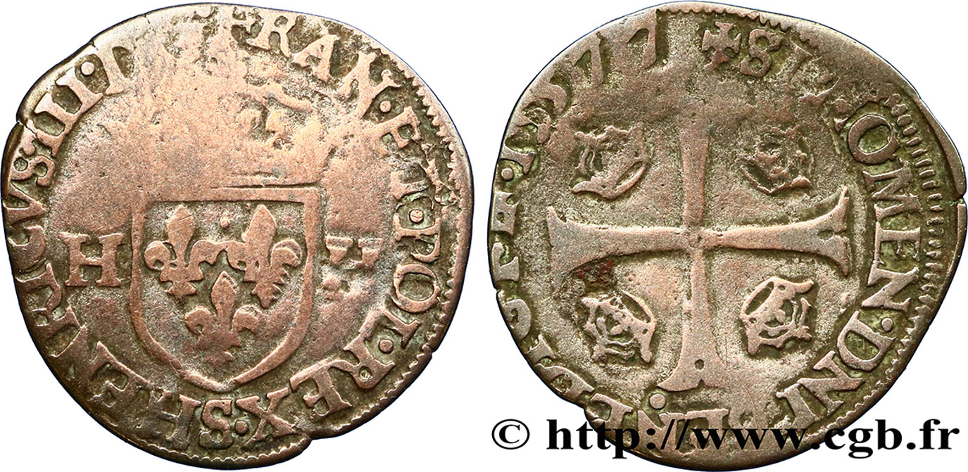 HENRI III Douzain aux deux H, 1er type 1577 Troyes B+