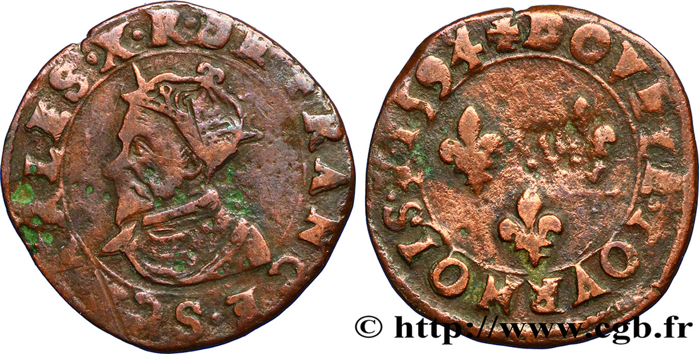 CHARLES X, CARDINAL OF BOURBON Double tournois, type de Troyes 1594 Troyes VF