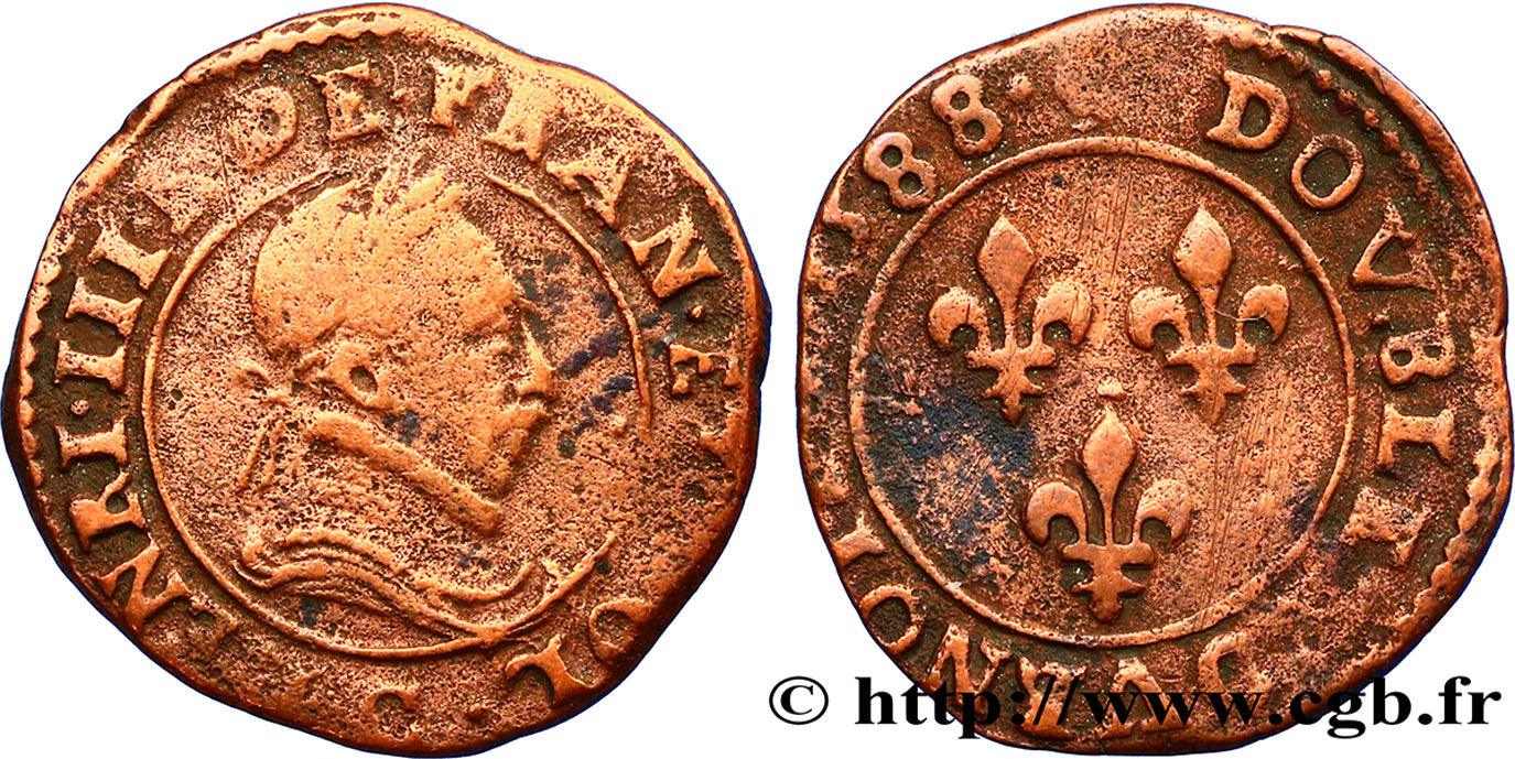 HENRI III Double tournois, type de Saint-Lô 1588 Saint-Lô TB+