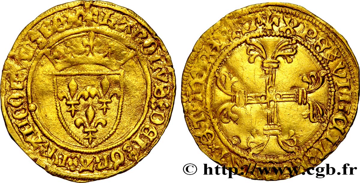 CHARLES VII LE BIEN SERVI / THE WELL-SERVED Demi-écu d or à la couronne ou demi-écu neuf 26/05/1447 Rouen XF