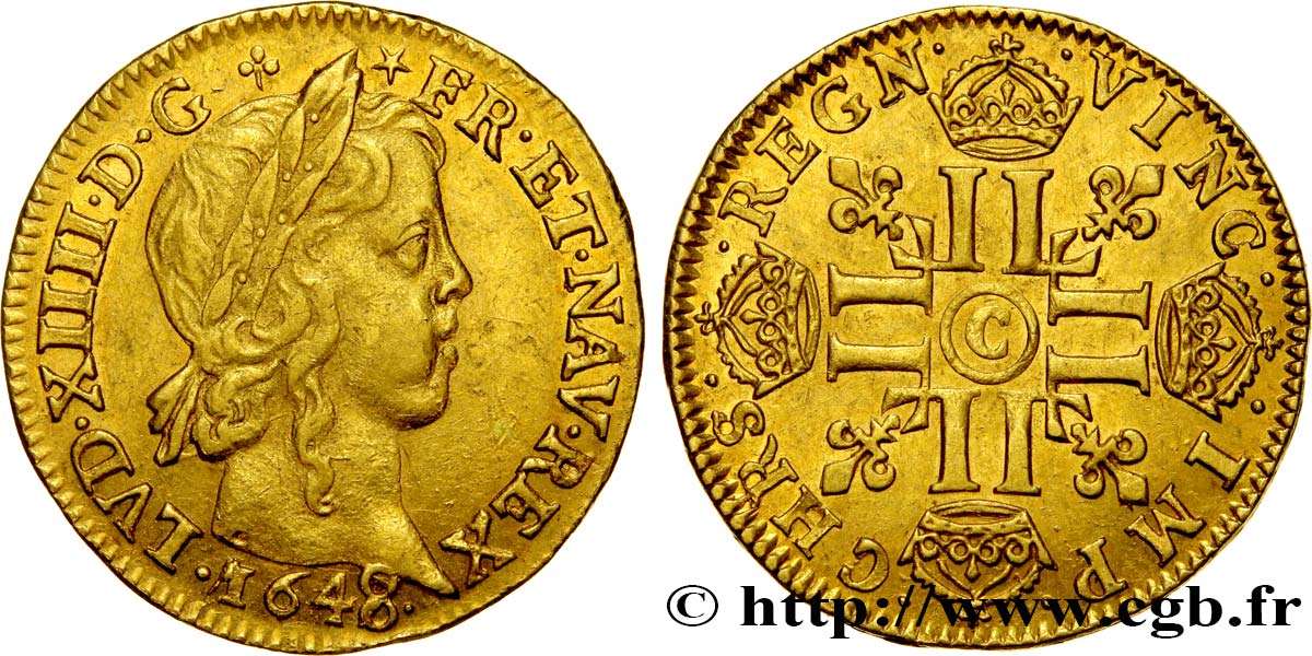 LOUIS XIV  THE SUN KING  Louis d’or aux huit L, portrait à la mèche longue 1648 Saint-Lô MBC+/EBC