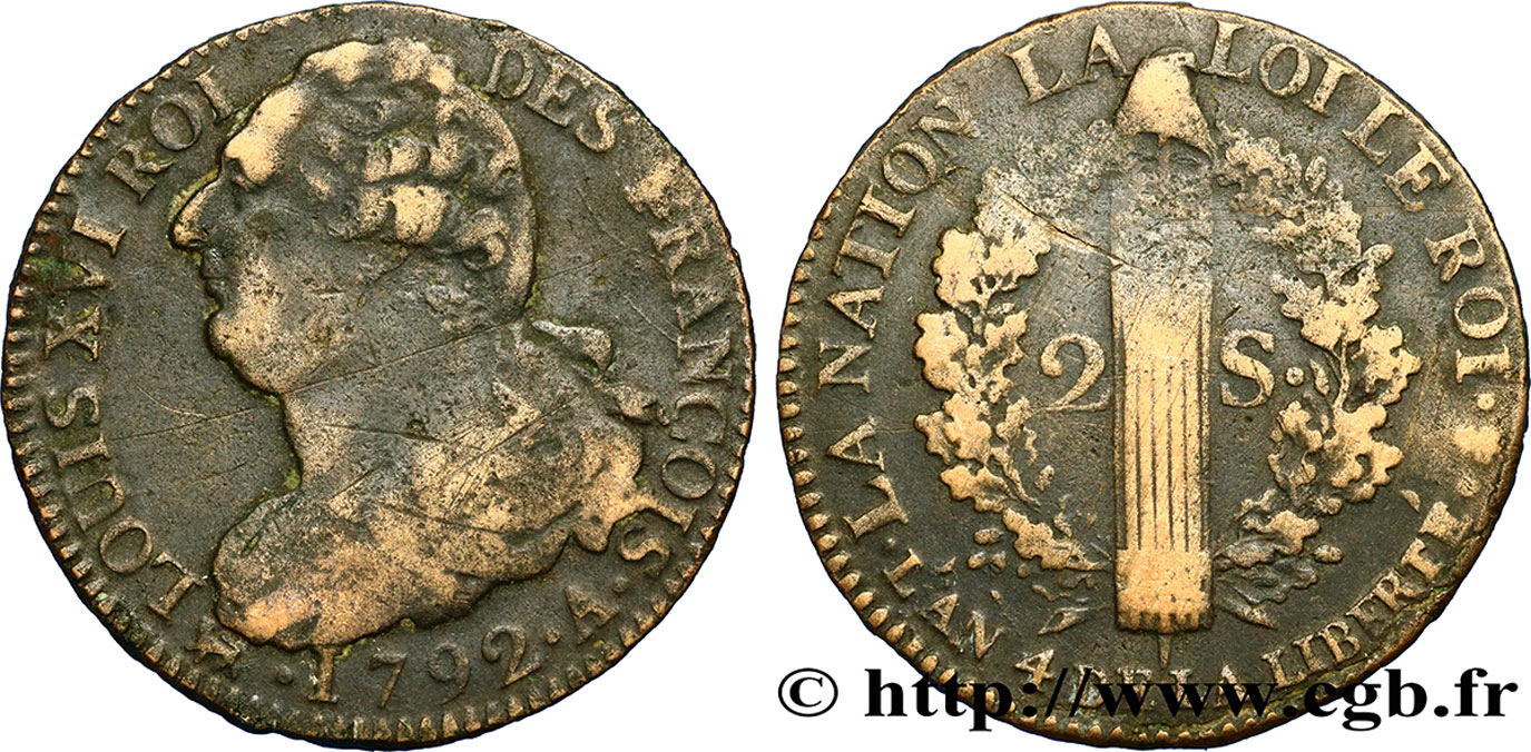 LOUIS XVI (MONARQUE CONSTITUTIONNEL)  2 sols dit  au faisceau , type FRANÇOIS 1792 Paris TB+