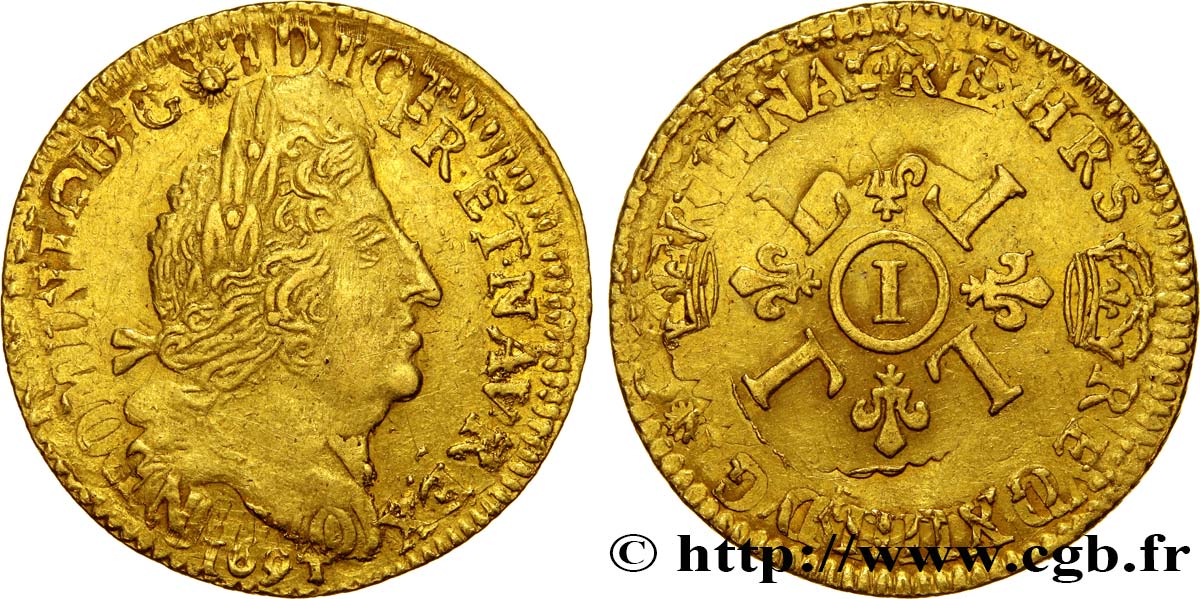 LOUIS XIV  THE SUN KING  Louis d or aux quatre L 1694 Limoges BB