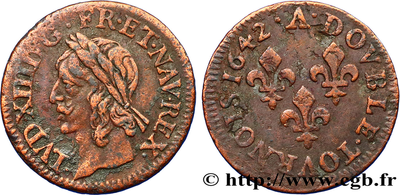 LOUIS XIII LE JUSTE Double tournois, type de Warin 1642 Corbeil TTB