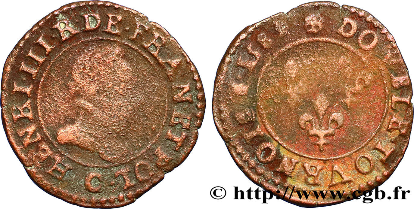 HENRI III Double tournois, type de Saint-Lô 1589 Saint-Lô B+