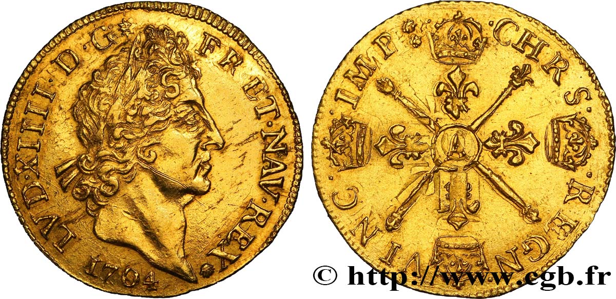 LOUIS XIV  THE SUN KING  Double louis d or aux insignes, portrait aux cheveux courts 1704 Paris q.SPL