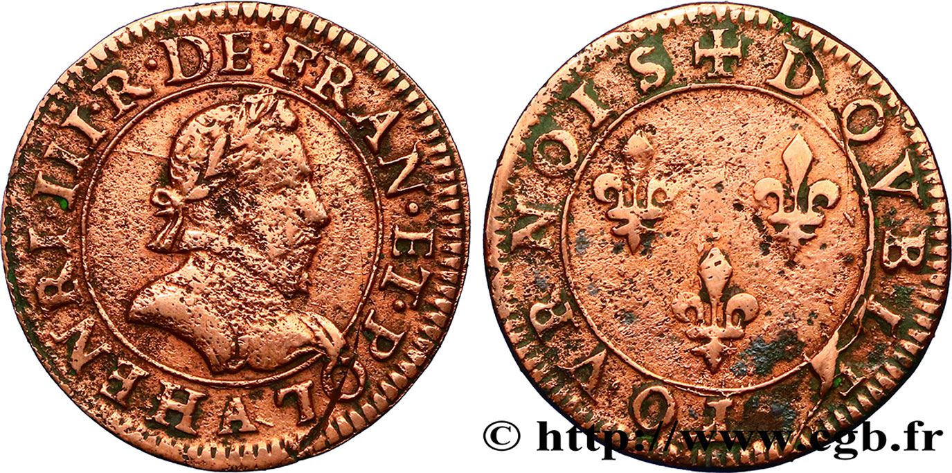 HENRI III Double tournois, 1er type de Paris n.d. Paris, Moulin des Étuves TTB