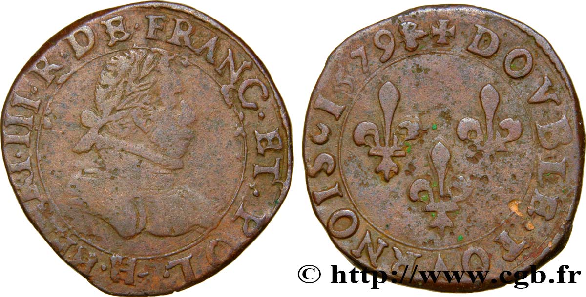 HENRY III Double tournois, 1er type de la Rochelle 1579 La Rochelle VF