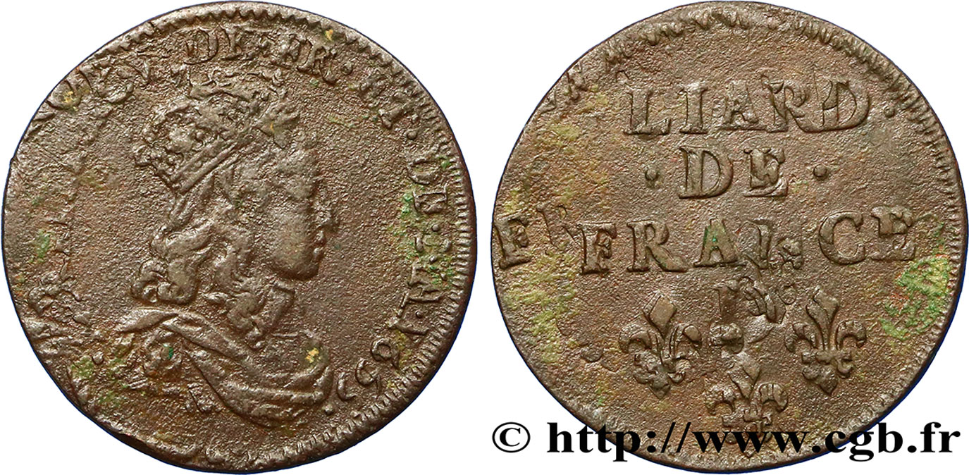 LOUIS XIV LE GRAND OU LE ROI SOLEIL Liard de cuivre, 2e type 1655 Vimy-en-Lyonnais (actuellement Neuville-sur-Saône) TTB