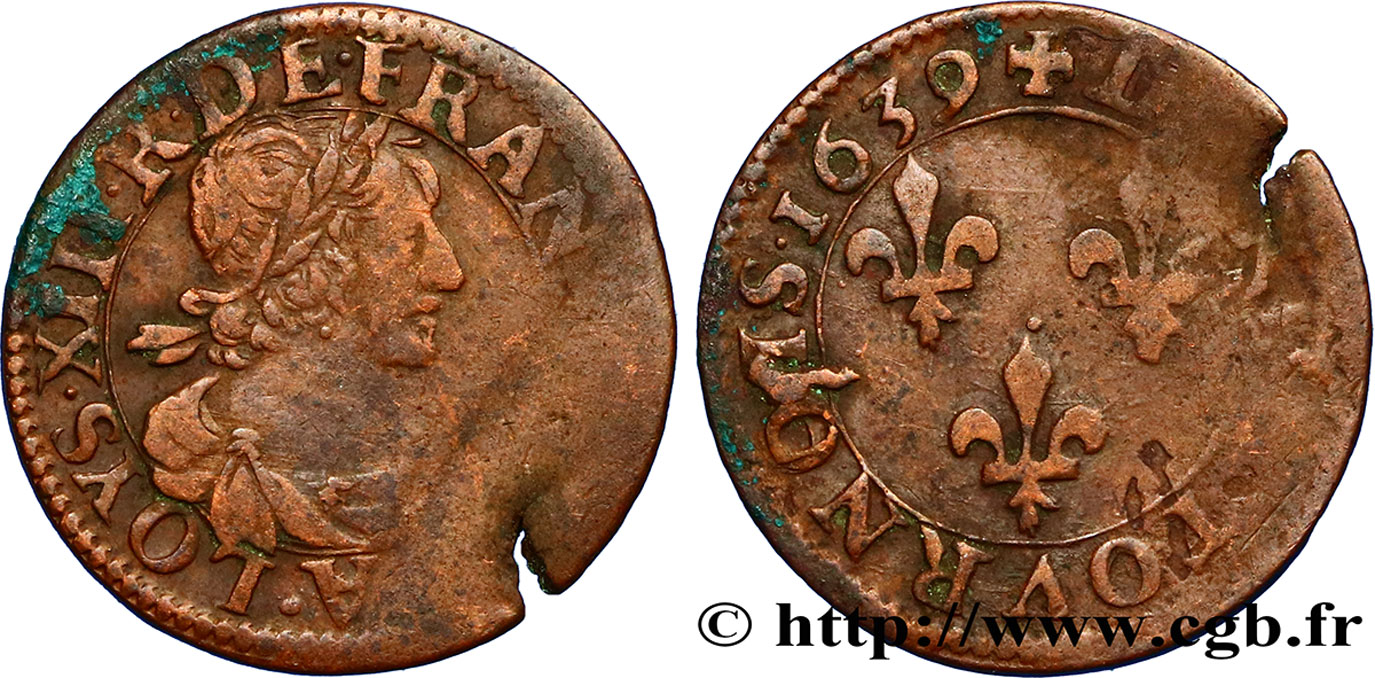 LOUIS XIII LE JUSTE Double tournois au grand buste viril drapé 1639 Vallée du Rhône TB