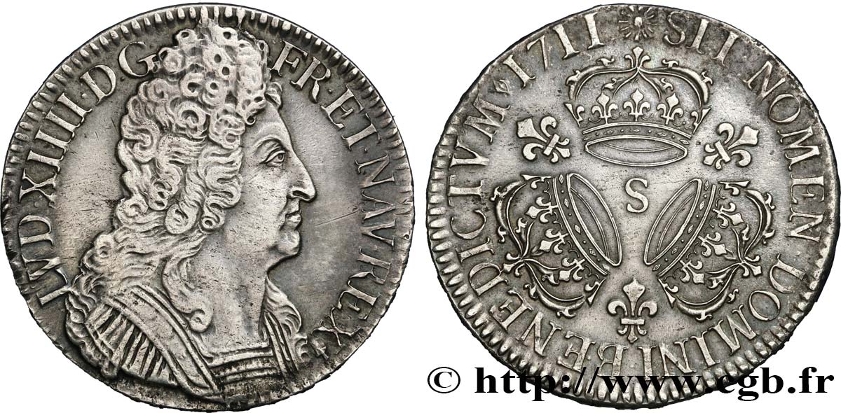 LOUIS XIV  THE SUN KING  Écu aux trois couronnes 1711 Reims fVZ