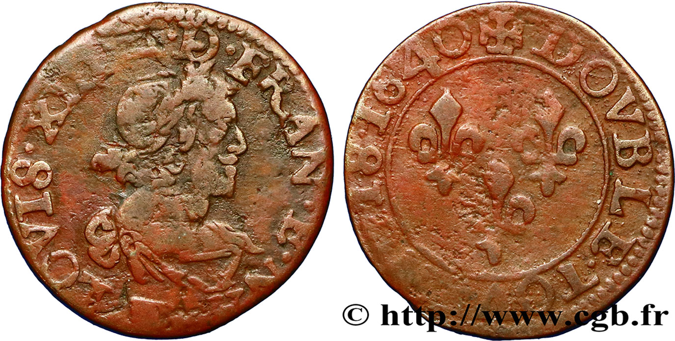 LOUIS XIII LE JUSTE Double tournois, 19e type 1640 Tours TB+