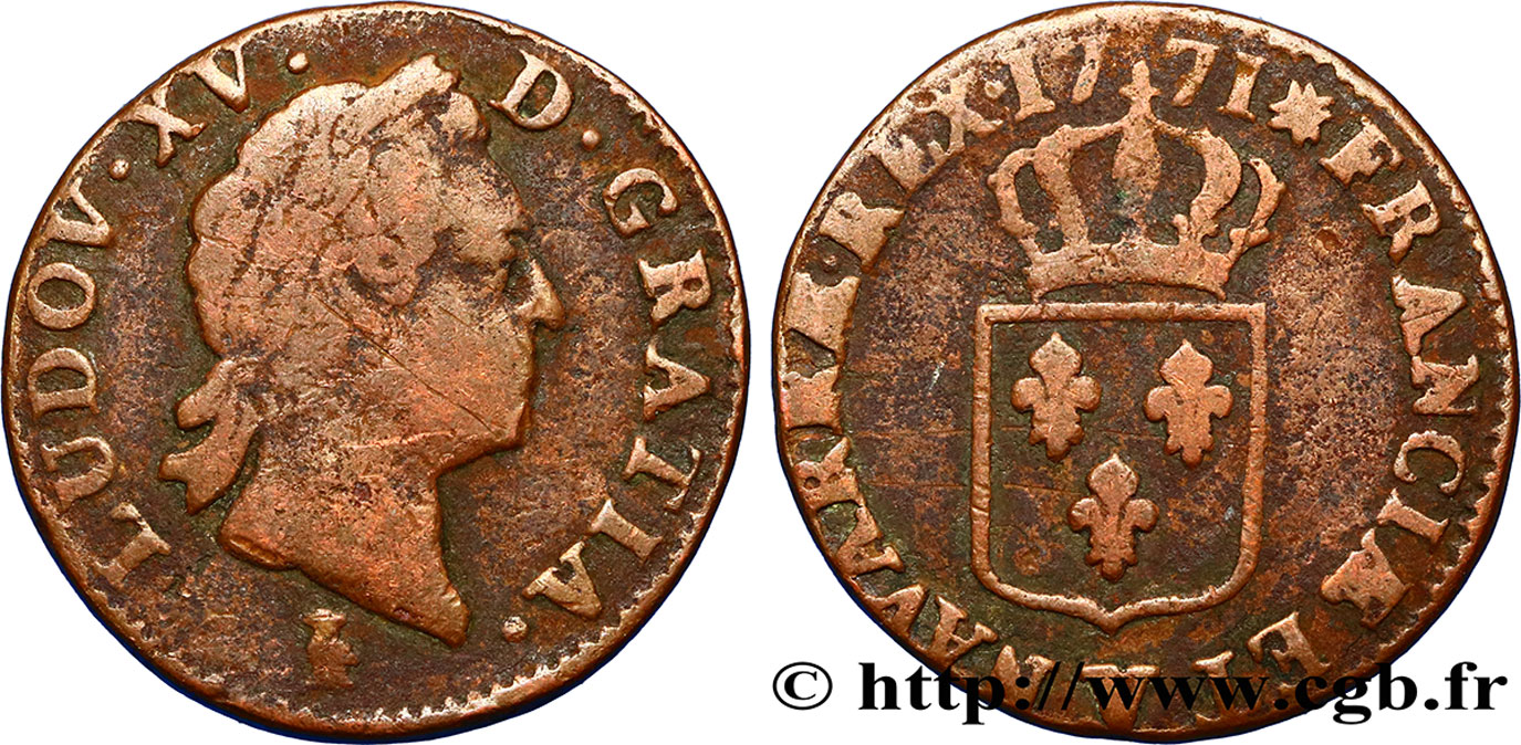 LOUIS XV DIT LE BIEN AIMÉ Sol dit “à la vieille tête” 1771 Troyes TB+