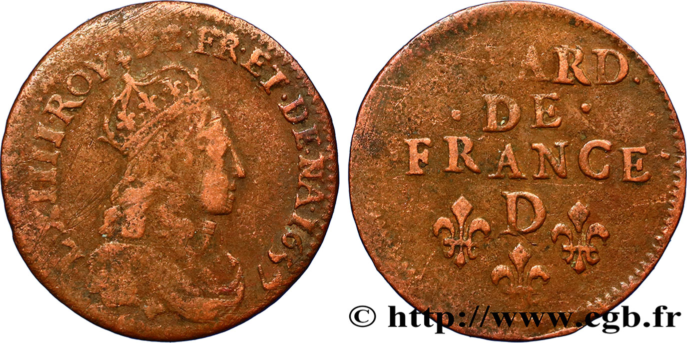 LOUIS XIV LE GRAND OU LE ROI SOLEIL Liard de cuivre, 2e type 1657 Vimy-en-Lyonnais (actuellement Neuville-sur-Saône) TB+