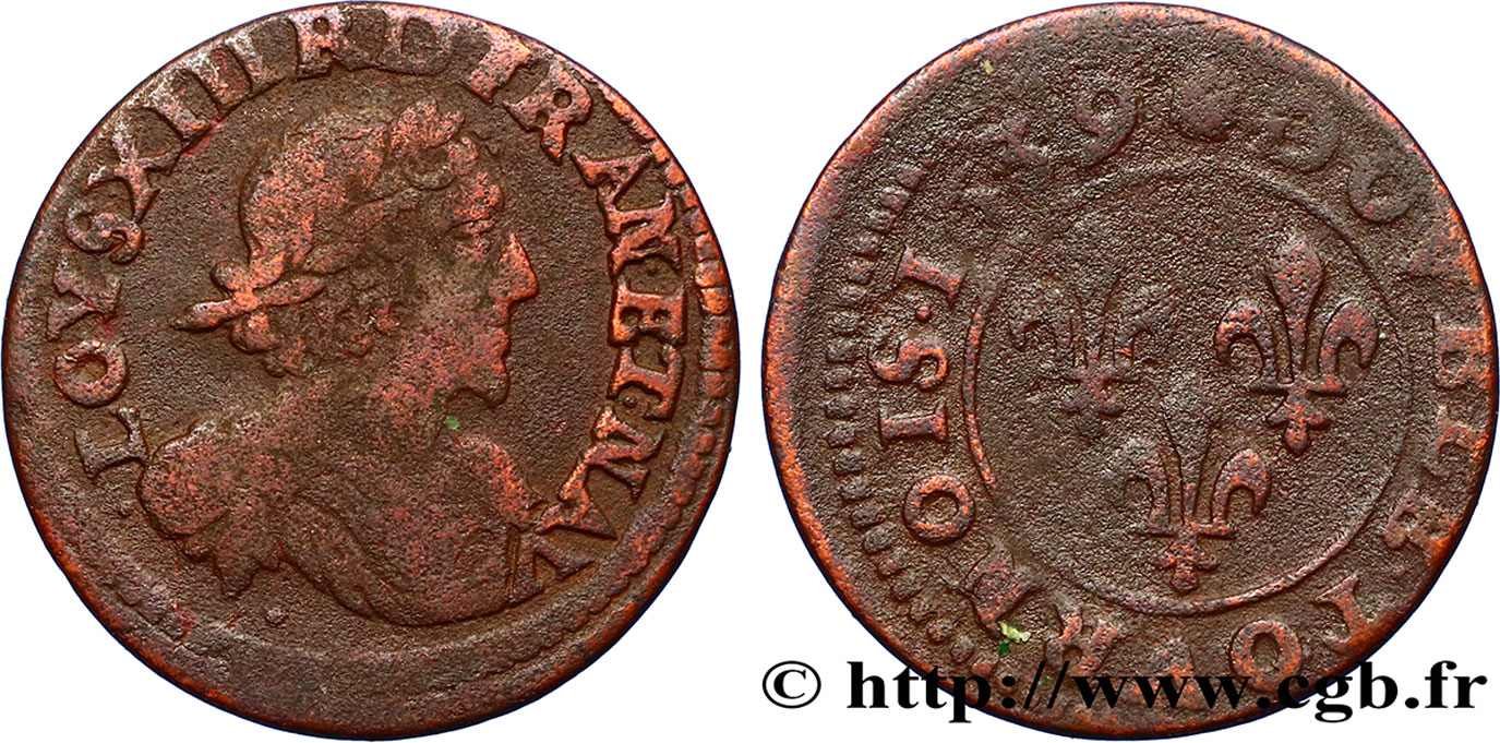 LOUIS XIII LE JUSTE Double tournois au grand buste viril drapé 1639 Vallée du Rhône TB