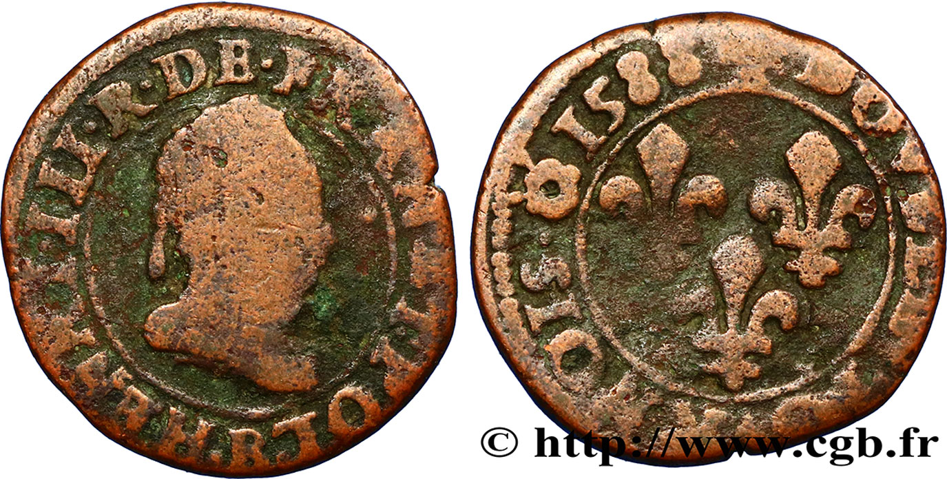 HENRI III Double tournois 1588 Rouen B+