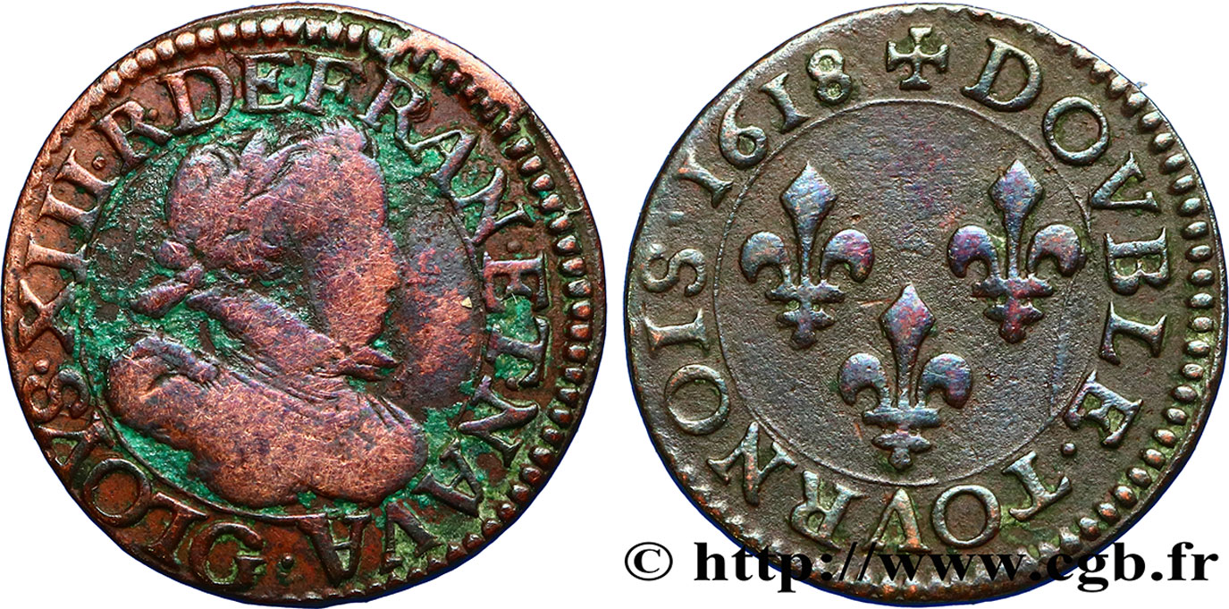 LOUIS XIII LE JUSTE Double tournois, type 1 de Poitiers 1618 Poitiers TB+/TTB