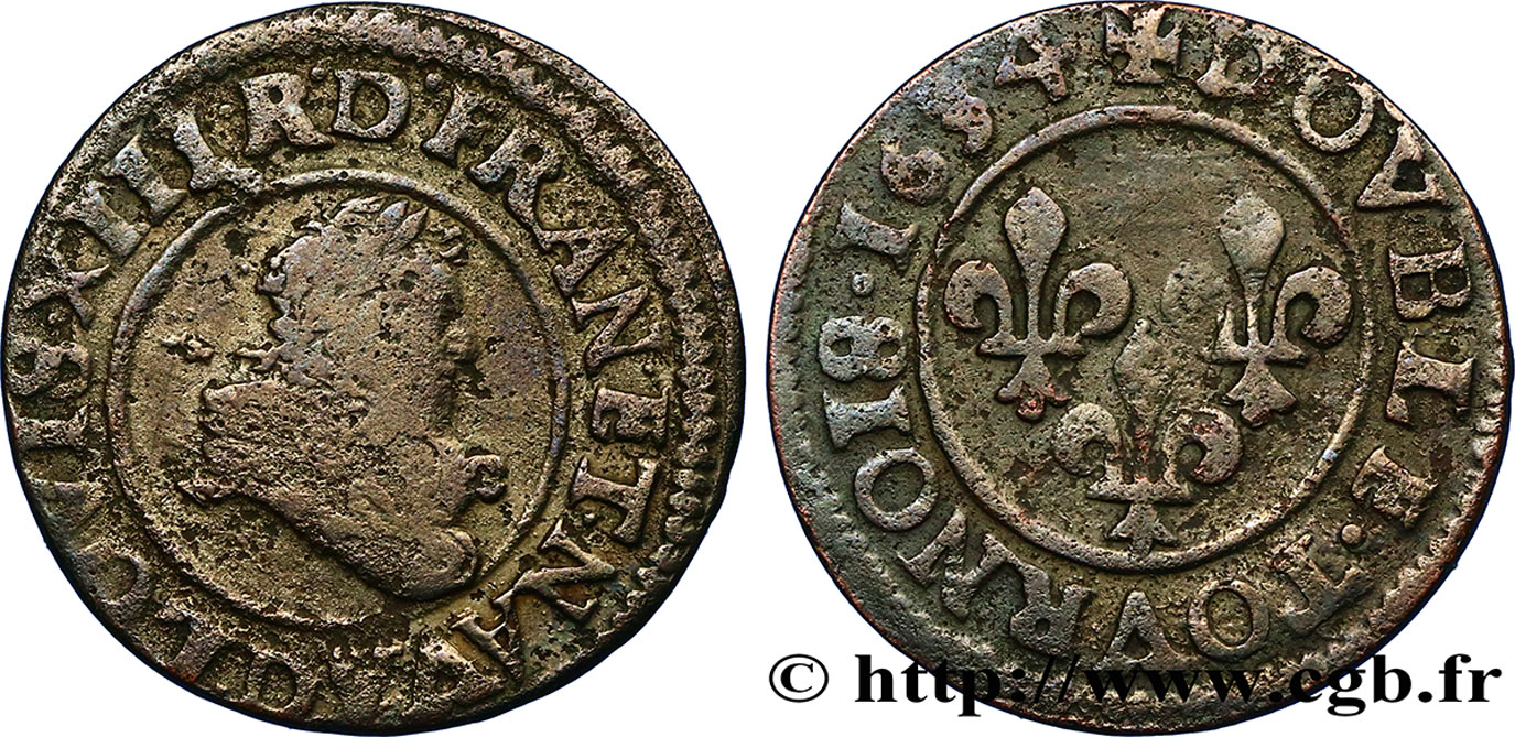 LOUIS XIII LE JUSTE Double tournois, type 8 1634 Lyon TB