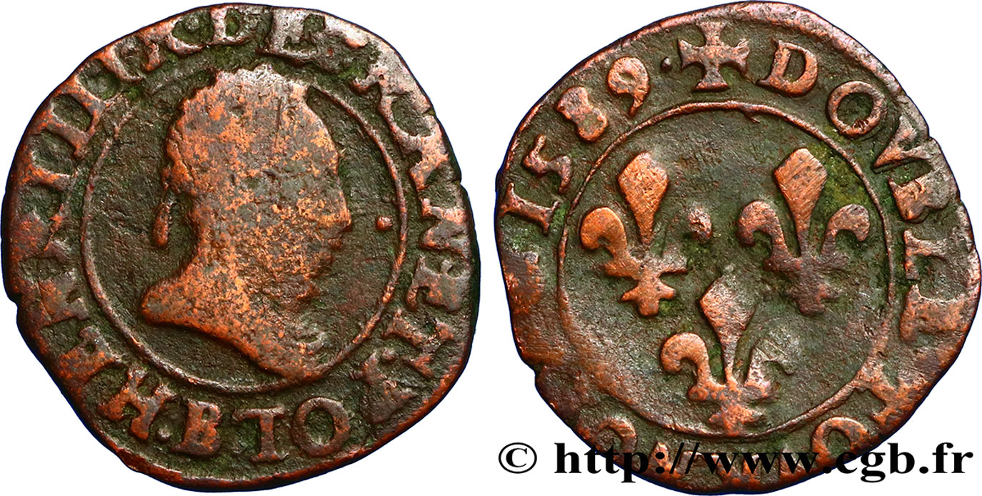 HENRY III Double tournois, type de Rouen 1589 Rouen q.MB/MB