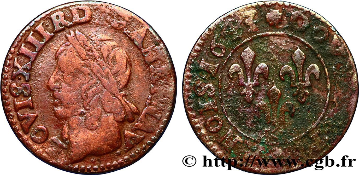 LOUIS XIII LE JUSTE Double tournois, type de Warin 1643 s.l. TB+/B+