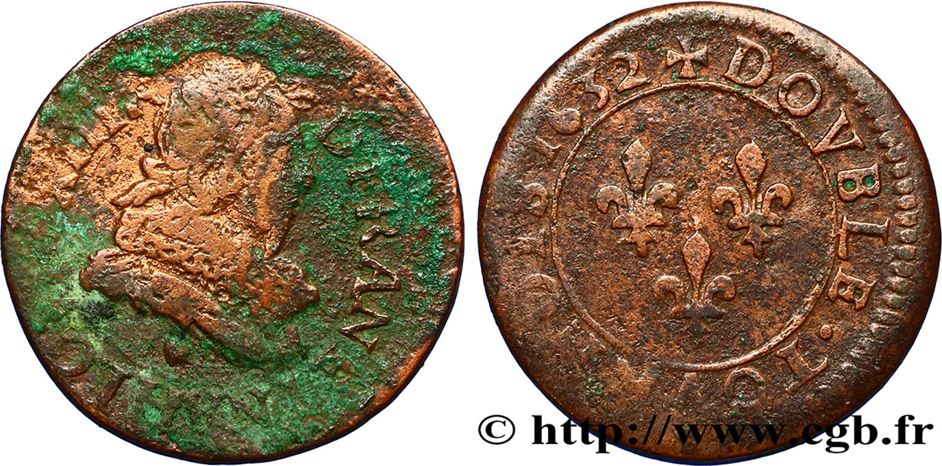 LOUIS XIII LE JUSTE Double tournois, type 1 1632 La Rochelle TB