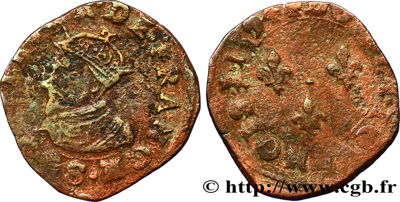 CHARLES X, CARDINAL DE BOURBON Double tournois, type de Troyes 1594 Troyes TB+