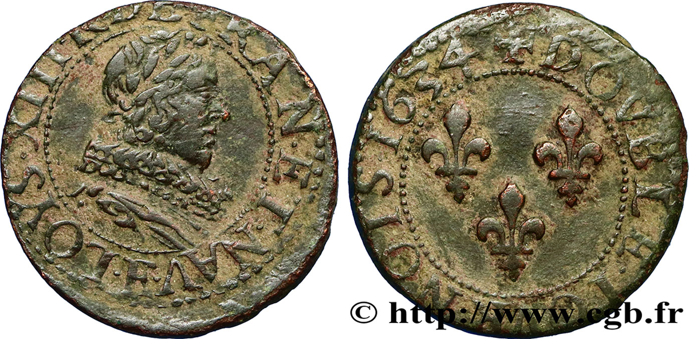 LOUIS XIII LE JUSTE Double tournois, type 1 1634 Tours TB+
