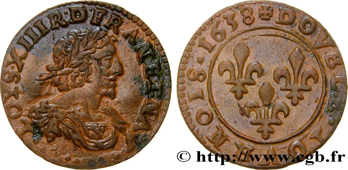 LOUIS XIII LE JUSTE Double tournois au grand buste viril drapé 1638 Vallée du Rhône TTB