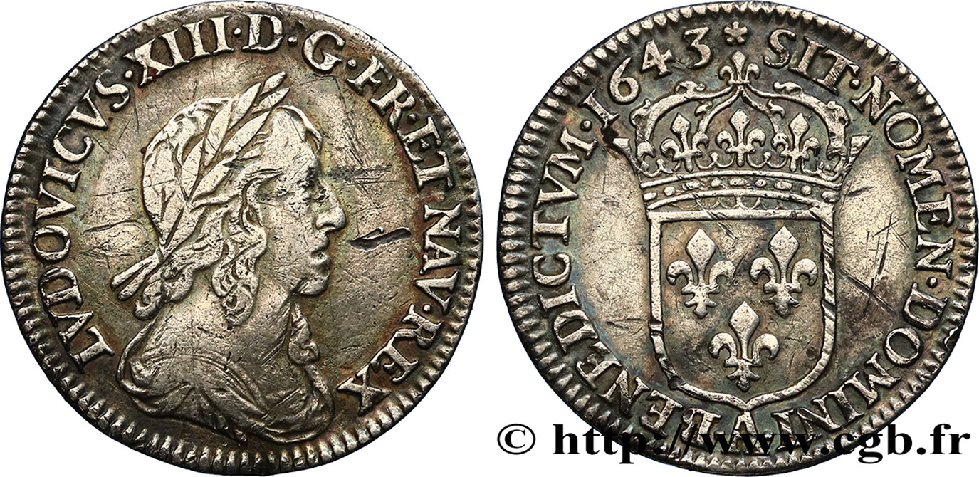 LOUIS XIII LE JUSTE Douzième d écu, buste drapé et cuirassé (2e buste de Jean Warin) 1643 Paris, Monnaie de Matignon TTB