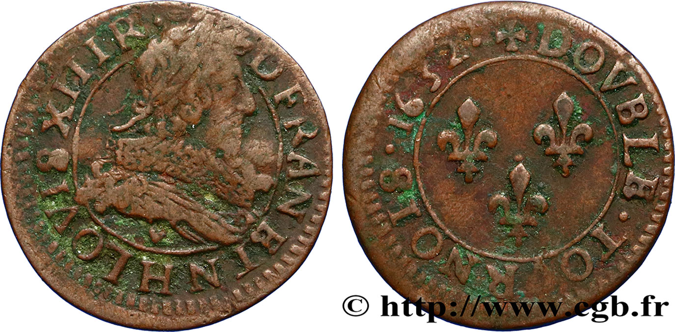 LOUIS XIII LE JUSTE Double tournois, type 1 1632 La Rochelle TB